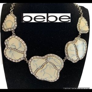 Bebe Cream gray marbled crackled Crystal Rhinestone trimmed chunky necklace